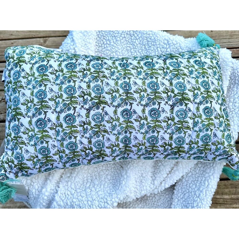 Shabby Chic Pillow 14x24 Floral Vines Tassels Boho Cottagecore Granny Garden